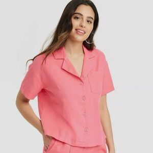 Linen Short Sleeve Button-Down Camp Shirt Womens